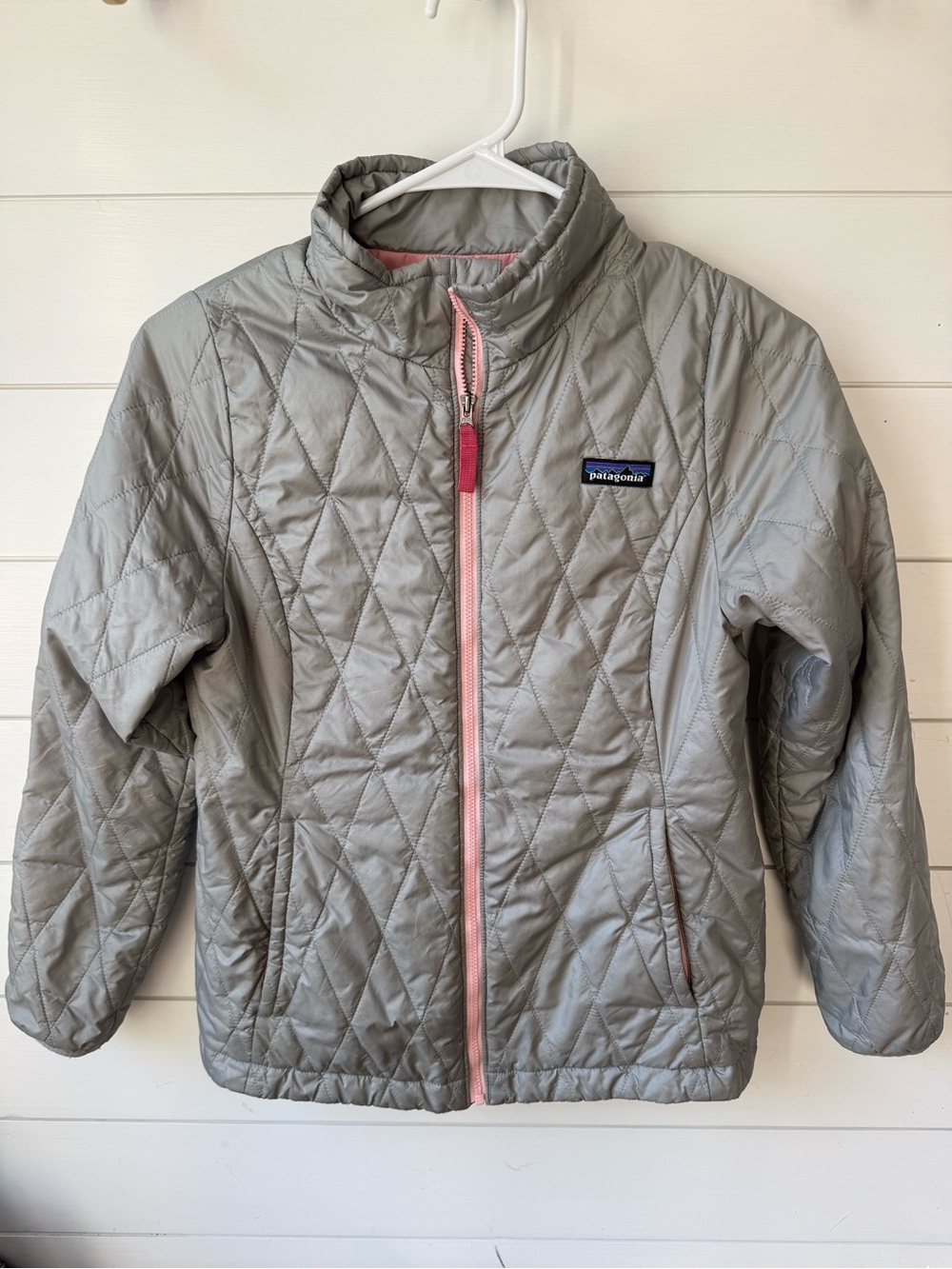 Patagonia Girls' Quilted Jacket size 12 Large- Light Gray with Pink Trim